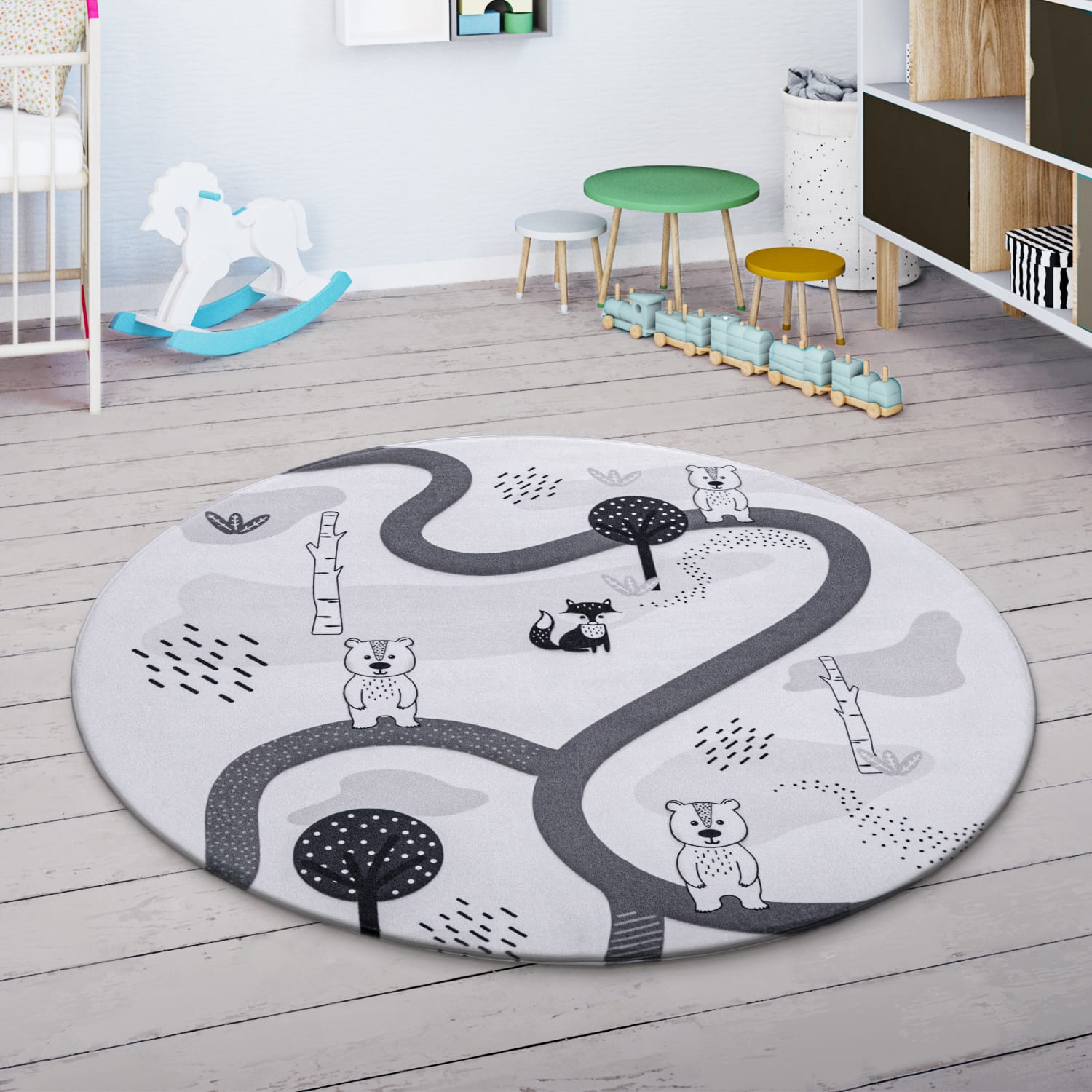 Kinderteppich waschbar Chicos | Weiß | 80 cm rund